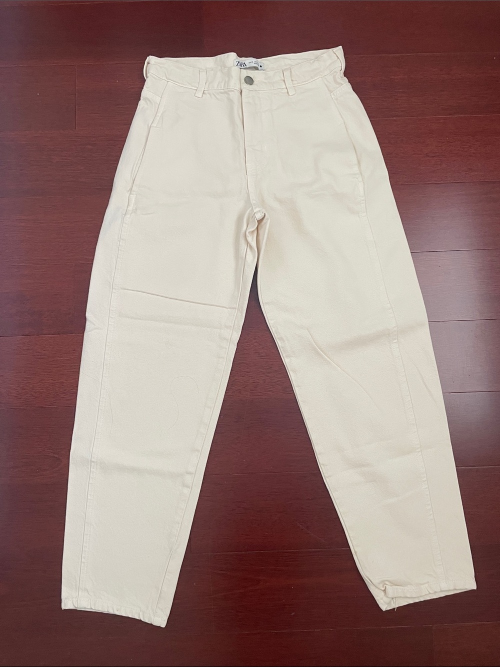 Zara ZW Collection Rigid Denim Barrel Leg Jeans Ecru Cream Ivory Size 4